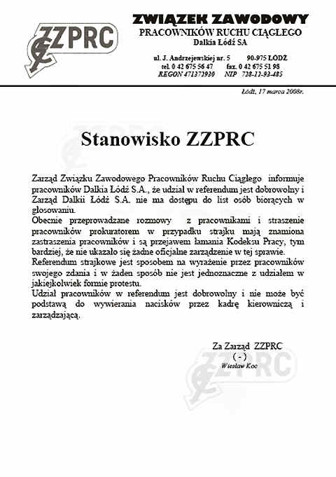 Stanowisko ZZPRC Dalkia Łódź S.A.